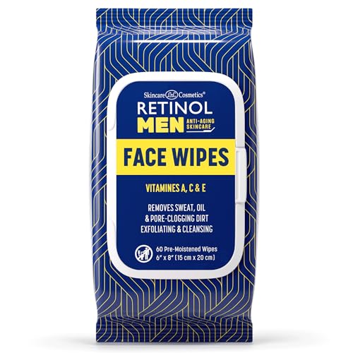 Retinol Men Facial Wipes Anti-Aging Cleansing Towelettes - Quickly cleanse face from sweat, oil and pore-clogging dirt without any heavy residue