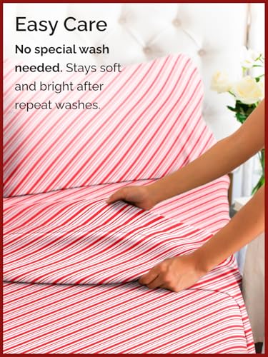 King Candy Cane Stripe Sheet Set - Holiday Xmas Pattern Bedding Set - Deep Pockets - Snug Fit - 4PC - Wrinkle Free & Easy Care - Comfy Festive Winter - Holiday Sheets for Women, Men, Kids & Teens