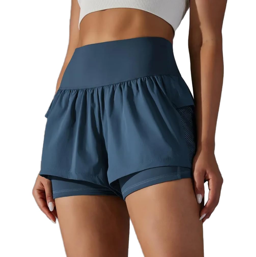 Pantalones Cortos Deportivos elásticos de Cintura Alta para Mujer, Entrenamiento atlético, Fitness Activo, Voleibol, 2 en 1, Pantalones Cortos Deportivos de Doble Capa para Correr