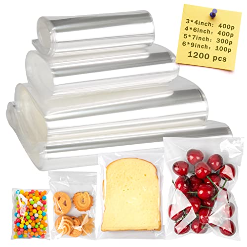 Labeol Cellophane Bags Self Adhesive 1200pcs Clear Resealable Bags 4 Sizes 3x4 4x6 5x7 6x9 Cookie Bags for Packaging Cello Bags for Bakery Party Gift Candy Treat Bags