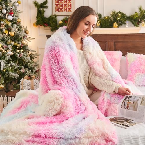 GONAAP Fuzzy Faux Fur Throw Blanket Queen Size Tie-dye Rainbow Super Soft Cozy Plush Fuzzy Shaggy Blanket for Couch Sofa Bed (Tie-dye Rainbow, Queen(90"x90"))