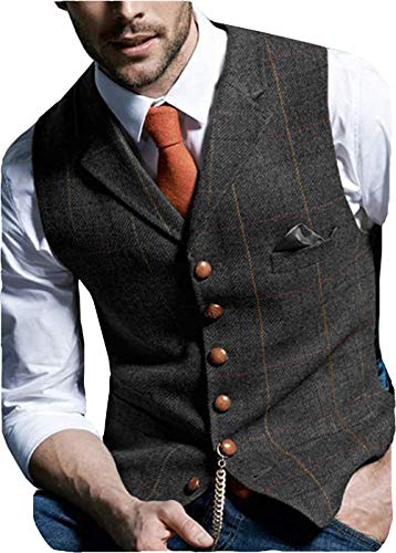 Men's Slim Fit Herringbone Tweed Suits Vest Premium Wool Blend Waistcoat
