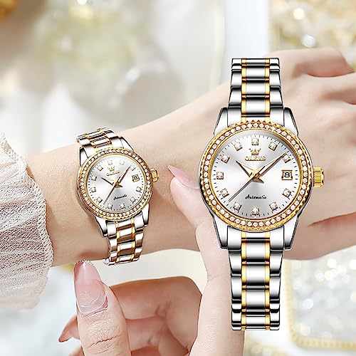 Image of OLEVS Womens Automatic Watch Gold Luxury Diamond Self Winding Ladies Wrist Watches Waterproof Luminous Date