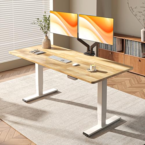 Image of FLEXISPOT E6 MAX Solid Wood 71x30 Inch Dual Motor 3-Stage Heavy Duty Standing Desk, 330lbs Weight Capacity, Height Adjustable Desk w /Cable Management & Wheels(Butcher Block Rubberwood + White Frame)