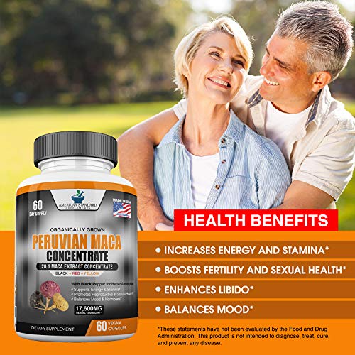 Maca Organic Peruvian Powder Capsules - 17,600 mg Per Capsules - Black, Red, Yellow Root with Black Pepper Extract, Increase Energy, Stamina, Libido Mood, Hormone for Men & Women, 60 Vegan Capsule