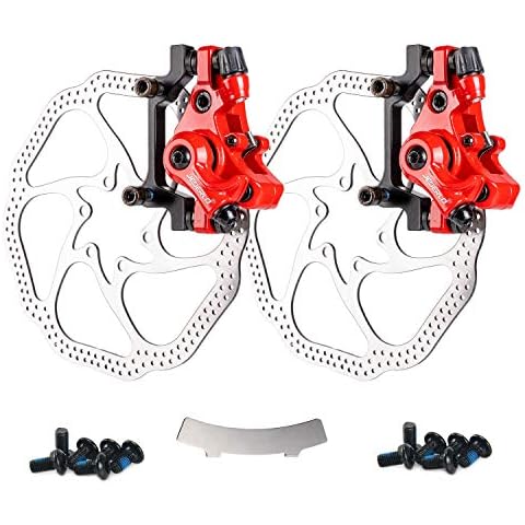 Farbetter Bike Disc Brake Kit, Including Front and Rear Caliper, 160mm Rotor, Mechanic Tool-Free Pad Adjuster for Mountain Bike, Road Bike, Fixed Gear Bike, MTB, BMX (Red) Cover