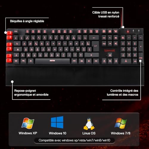 K505 Tastiera Gaming, AZERTY Francese, Retroilluminazione Arcobaleno, 26 Tasti Anti-Ghosting, Tastiera Gaming Wired Keyboard, Tastiera A Membrana, Integrazione Macro 5 Tasti, Scorciatoie - Tastiera gaming - Immagine 4
