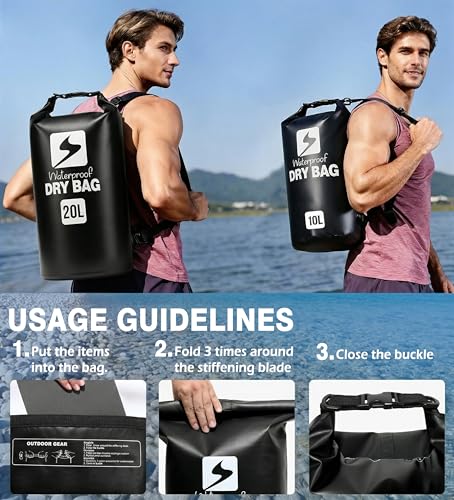 Image of Soulsfeng Waterproof Dry Bag Backpack, Roll Top Floating Dry Storage Bag with Phone Case, Lightweight Dry Sack for Kayaking, Boating, Beach, Travel, Camping 20L, Black