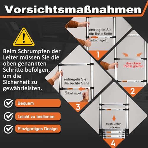HBTower Teleskopleiter 3,2 m aus Aluminium, Klappbare Ausziehleiter mit Rutschfesten Füßen, Leicht & Kompakt, Tragkraft 150 kg, Ideal für Deckenarbeiten & Dachböden, Silber