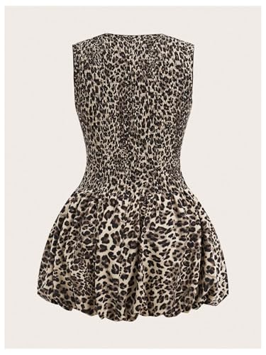 SOLY HUX Women's Leopard Bubble Dress Y2k Cheetah Print Crew Neck Sleeveless Shirred A Line Summer Mini Dresses2