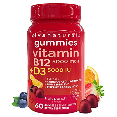 Vitamin B12 5000mcg and Vitamin D3 5000 IU Gummies, 60 Count | Delicious Fruit Punch Flavor, Vitamin D and Methyl B12 Vitamins for Energy and Immune Support