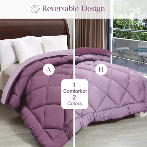 Image of THE HOME STYLE Solid Plain Cotton Feel Fitted Bedsheet (72x78 inches) with Reversible Comforter (90x100 inches) | King Size | 2 Pillow Covers | 300 TC | 4-Piece Bedding Set (Lilac)
