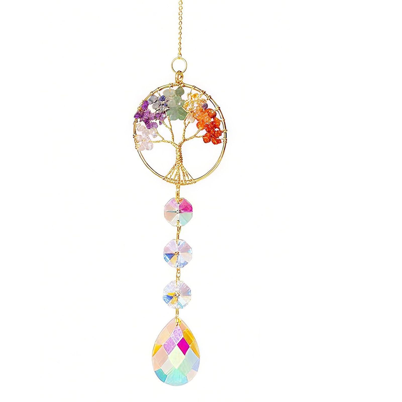Chakra Crystal Tree of Life Sun Catcher Hanging Ornament, 7 Chakra Natural Gemstone Rainbow Suncatcher for Window Wall Garden, Handmade Spiritual Home Décor Gift for Women Men-image-16