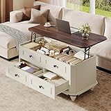 DWVO Lift Top Coffee Table with Storage, Farmhouse Wood Central Table w/Large Hidden Compartment, 2 Storage Drawers, Lift Tabletop Dining Table for Living Room, Reception Room, Rustic White