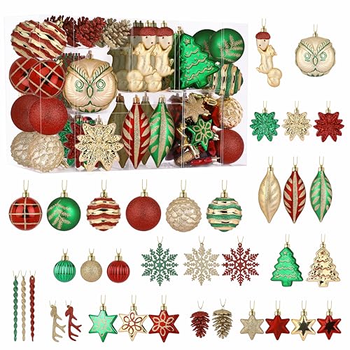 Alupssuc 96pcs Christmas Tree Ornaments Set, Plastic Shatterproof Hanging Baubles for Xmas Tree Decor, Holiday Balls Decorations with a Forest Theme and Animal Designs in Red Green & Gold