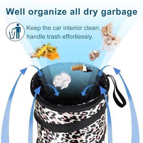 Image of Car Trash Can, 2 Packs Mini Car Garbage Can, Collapsible Trash Bin | Pop-Up Trash Can for Front Back Seat, Portable Trash Bag Hanging for Vehicle SUV Rv Truck Accessories Interior, Leopard Print