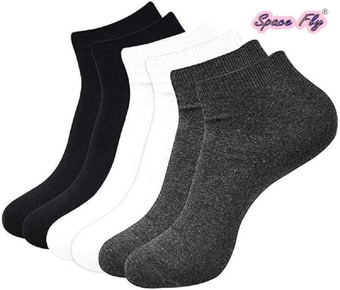 Image of Space Fly Ankle Socks for Men & Women (Pack of 3) - Cotton Low Cut Socks - Black, White & Gray - Soft Breathable Comfort Fit - Gym Sports Casual
