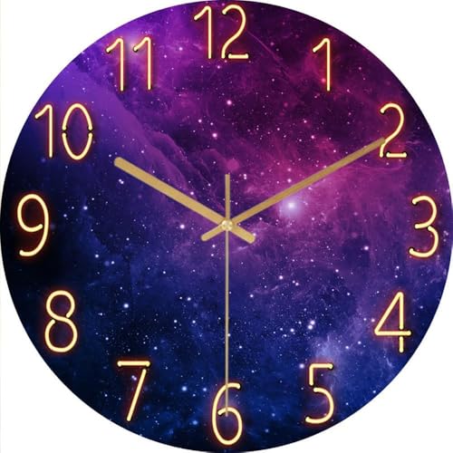 Icycow 掛け時計 4mm超薄型 ガラスパネル おしゃれ インテリア 時計 壁掛け かけ時計 モダン 静音 連続秒針 星空 丸型 ウォールクロック デジタル 大数字 見やすい wall clock 12インチ living room 寝室 装飾 (紫星