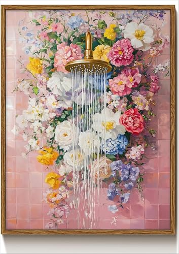 Floating Framed Floral Bathroom Shower Canvas Wall Art Pink Moody