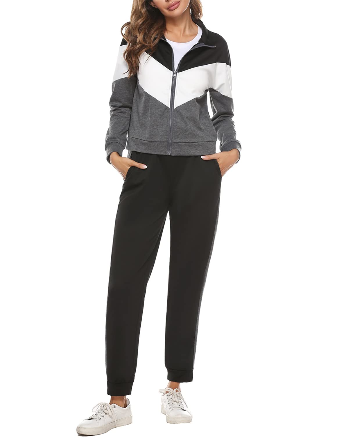 Marvmys Tuta Donna Sportiva Elegante Completa Tute Maniche Lunghe Colore Contrasto Autunno Invernale Sportivi Abbigliamento Jogging Yoga Training Fitness