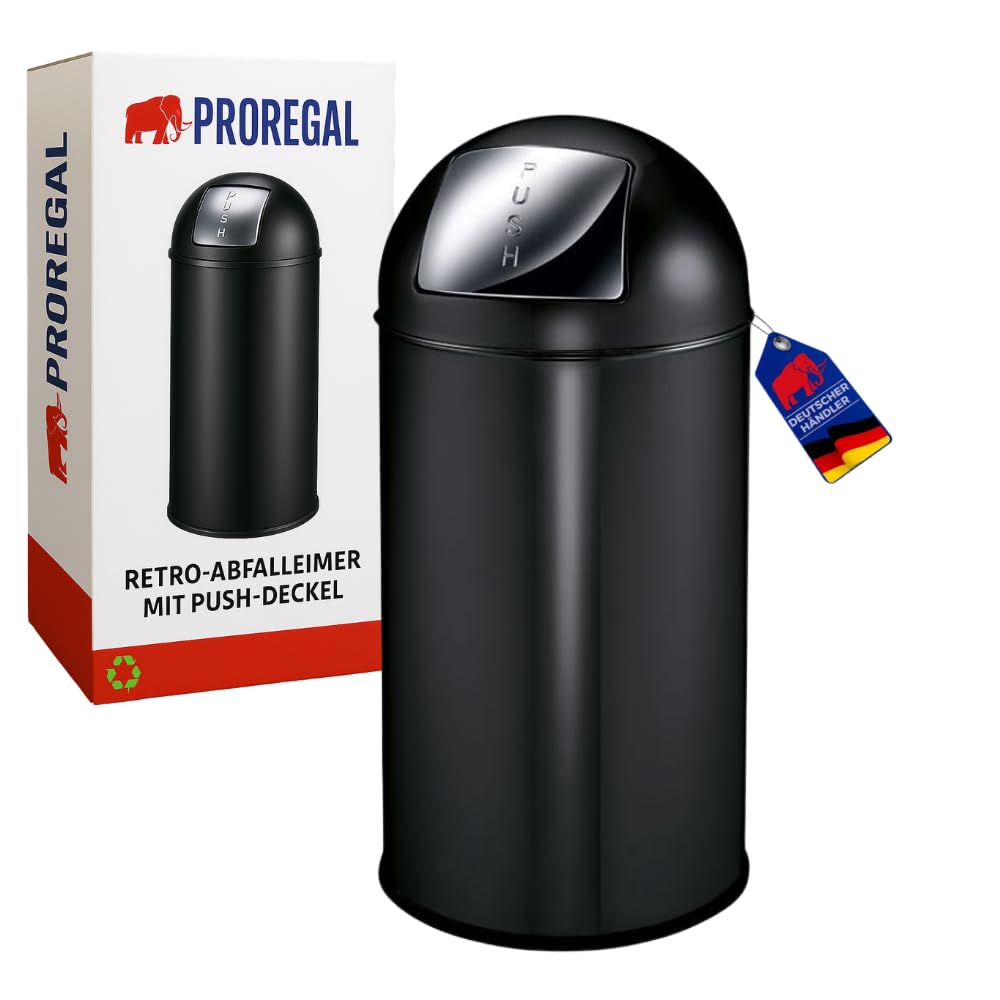PROREGAL Abfallbehälter mit Pushdeckel & Inneneimer aus Metall | 40 Liter, HxBxT 74x34x34cm | Matt Schwarz