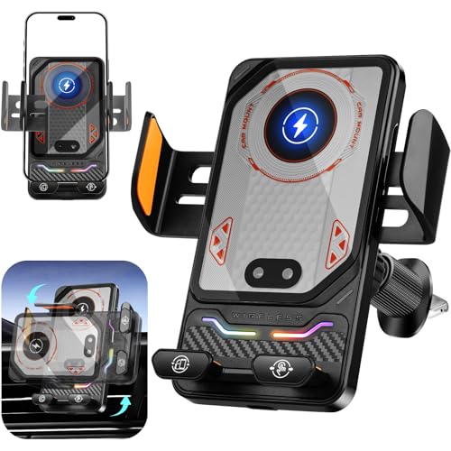 Keledz Wireless Car Phone Charger Holder Smart Auto-Clamping Fast Charging Car Phone Holder with Atmosphere Lights Rotating Air Vent Mount Compatible with All Smartphones (Black)