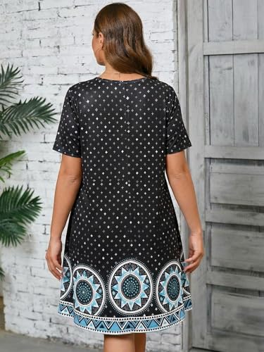 Image of AusLook Plus Size Midi Dress for Women Casual Summer Short Sleeve A Line Swing Dress with Pocket Round Neck Flowy Dress 1X-5X