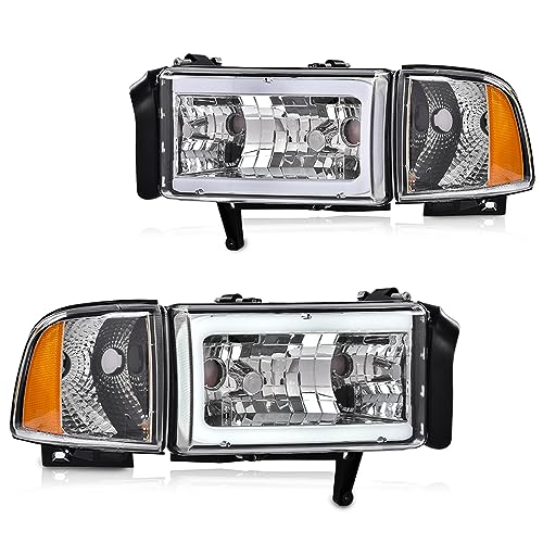 Image of GRAND ORANGE LED Headlight Assembly W /o Bulbs Compatible with Dodge Ram 1500 1994-2001 Fit Dodge Ram 2500 3500 1994-2002 Clear Lens Chrome Housing Amber Reflector faros delanteros