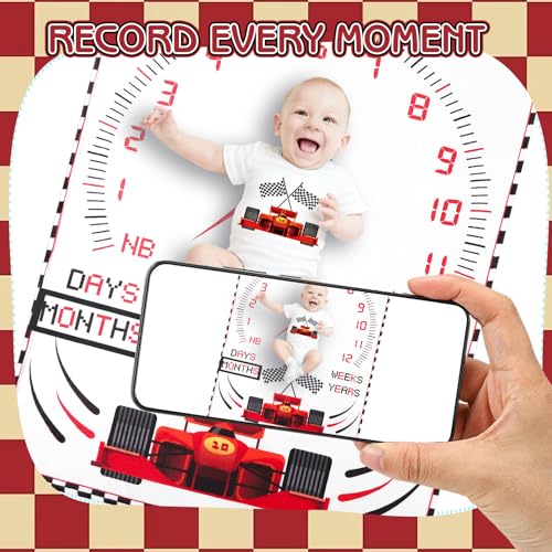 Image of Racing Car Baby Monthly Milestone Blanket for Boys Flannel Blanket Newborn Infant Swaddle Baby Growth Blanket Photography Background with Wooden Signs,Frames,Bib