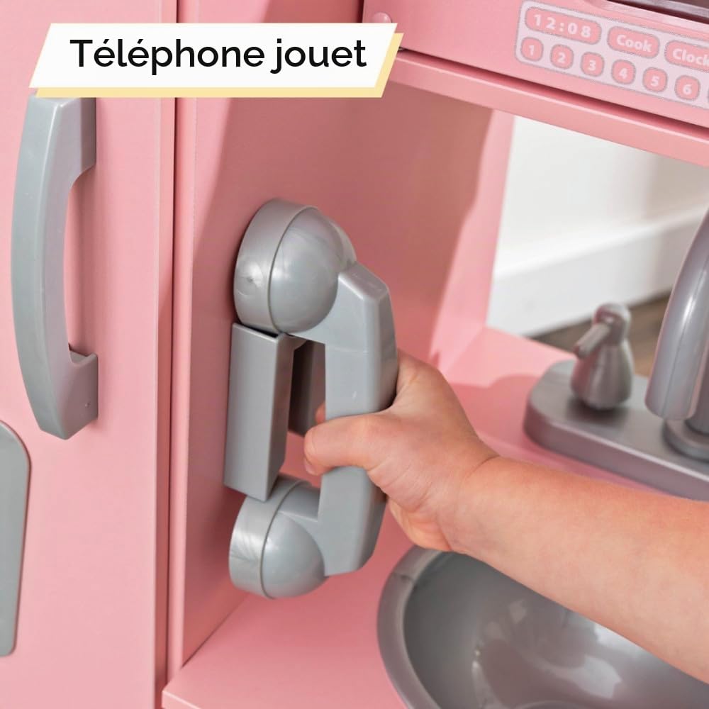 KidKraft Cuisine Enfant en Bois Vintage Rose, Dinette avec téléphone, Jeu d'imitation, Jouet Enfant dès 3 Ans, 53179 [Exclusif Amazon]