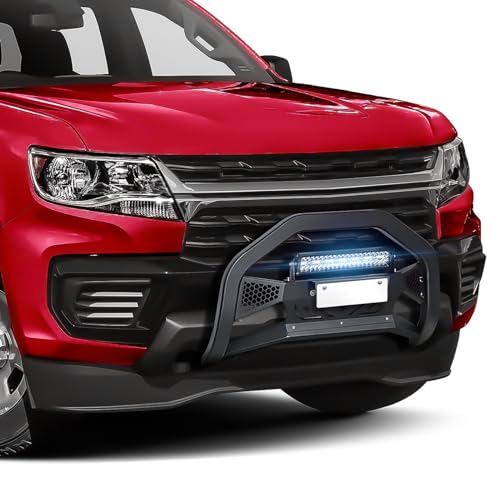 Image of Bull Bar with LED Light & License Plate Frame Compatible with 2015-2022 Chevy Colorado & GMC Canyon Front Brush Guard, Truck Guard Grille, Bumper Push Bar (Include Light Mount & Skid Plate)