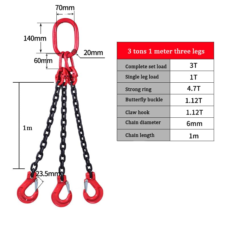 JIEYUGH Chain Sling 5/22 Inch X 3.28 FT Engine Lift Chain G80 Alloy Steel Engine Chain Lifts 3 Ton with 3 Leg Grab Hooks for Cargo Security Towing and handling