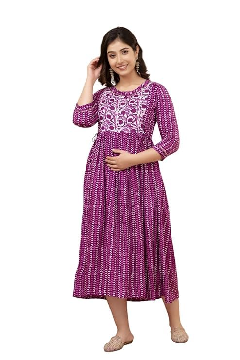 Image of Maternity Feeding Anarkali Kurti Dress for Women | Cotton Nursing Kurta with Both Side Zippers | Pregnancy & Nursing Wear | Comfortable Ethnic