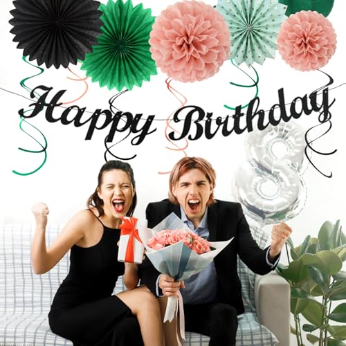 Image of Sage-Green Blush-Pink Black Birthday Party-decorations - 21pcs Girls Woman Happy Banner Garland, Paper Streamers Lanterns,Flower Tissue Pom Poms Fan Supplies,Wall Backdrop Decor Huglony