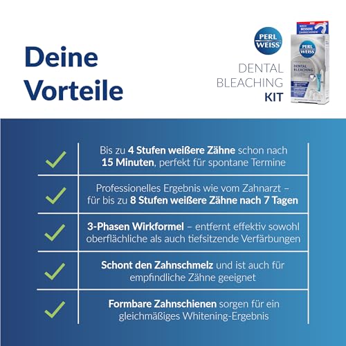 PERLWEISS Dental Bleaching Zahnaufhellung Set - bis zu 8 Stufen weißere Zähne in 7 Tagen - Zähne aufhellen ohne Wasserstoffperoxid - professionelles Zahnbleaching mit Soforteffekt