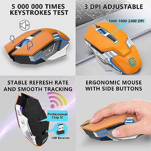 Image of Bluetooth Gaming Mouse, RGB Rechargeable USB Wireless Mouse, Quiet Click, LED Backlit, Ergonomic, with Side Button, 6 Button, DPI Adjustable, Computer Mice for Laptop PC MacBook Chromebook - Orange