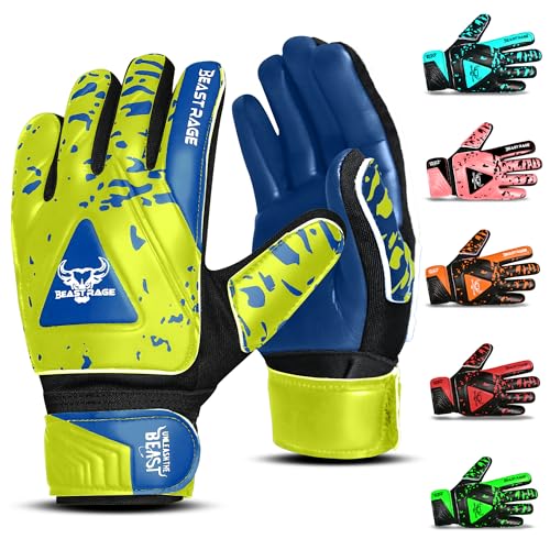 BEAST RAGE Goalkeeper Gloves for Kids Boys Youth,Soccer Goalie Gloves Kids,Double Wrist Support,Strong Grip,Padded Palm football gloves boys (Neon Yellow/Blue, Size 2 suitable for 4 to 5 Years old)