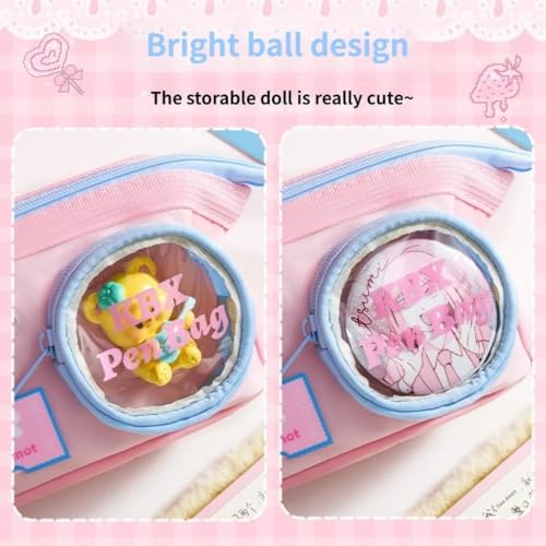 Image of Kawaii Pink Pencil Pouch with Transparent Round Window & Mini Doll Pocket - Large Capacity Zipper Pen Case, Cute Pastel Stationery Organizer for Girls, School & College