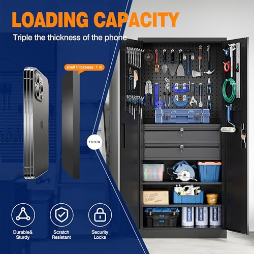 Image of Yizosh Metal Garage Storage Cabinet with Locking Doors and 2 Drawers, Heavy Duty Steel Tool Cabinet with Pegboard, 71 inch - Lockable Cabinets for Garage, Warehouse, Basement (Black)
