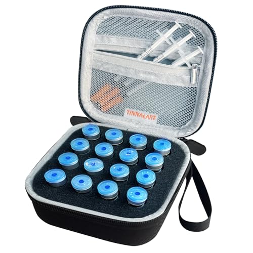 Tinnalart Estojo de peptídeo, estojo de frasco de insulina e suporte de frasco - organizador preto de 16 compartimentos para armazenamento de geladeira, 11,4 x 11,4 cm com cordão, preto (apenas a