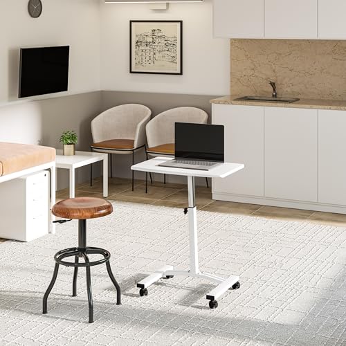 Image of Seville Classics Airlift Mobile Height Adjustable Laptop Stand Computer Workstation for Sitting Classroom Home Office Medical Table w /Wheels, Flat Desk 24 inch, White