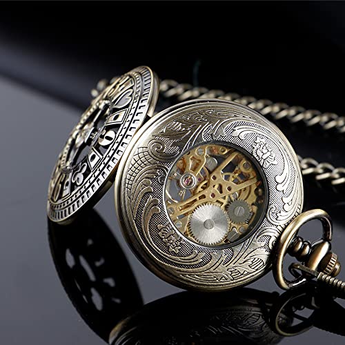 Image of Men's Mechanical Hollow Design Hand Wind Pocket Watch Roman Numerals Steampunk with Chain Box