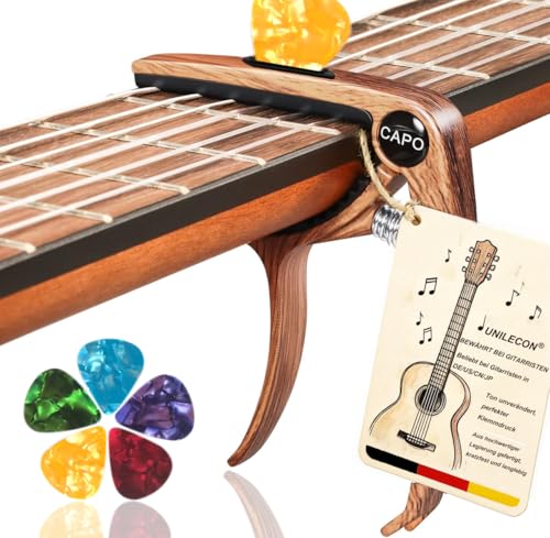 Kapodaster für Gitarre Kapodaster Capo Gitarre - Capodaster, Kapodaster Gitarre, inklusive 5 Plektren, fast für alle Gitarren geeignet – Gitarren Equipment, Guitar Chord Presser-Holzfarbe