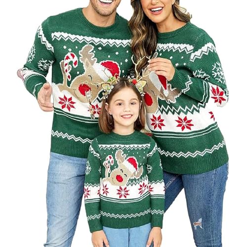 Family Matching Christmas Sweater Cartoon Elk Print Long Sleeve Crew Neck Jumper Xmas Holiday Pullover Knitwear