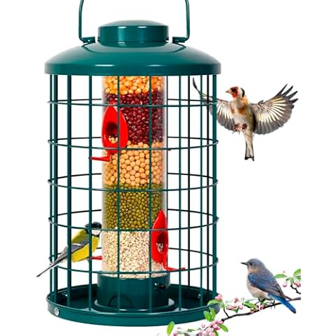 Mosloly Caged Bird Feeder for Wild Birds Outside, Large Squirrel-Proof Heavy-Duty Metal Hanging Tube Bird Feeder, 4 Feeding Ports, 13.2'' High, 3LB Seed Capacity (Green) Cover