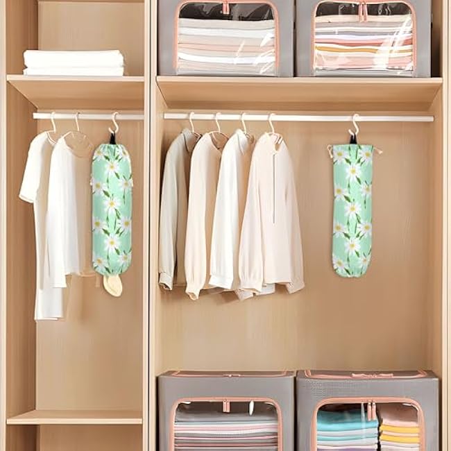 xigua White Daisies Plastic Bag Holder Wall Mount with Drawstring 2 Pack, Reusable Grocery Bag Organizer Decor for Bags, Socks, Underwear, And Neckties