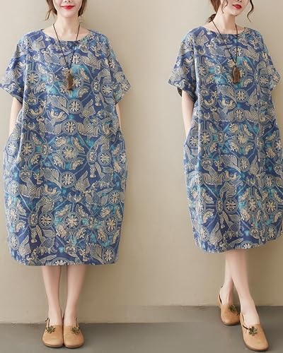 Image of LUZU JUNU Women's Summer Baggy Plus Size Loose Cotton Linen Long Boho Beach Dress with Pockets