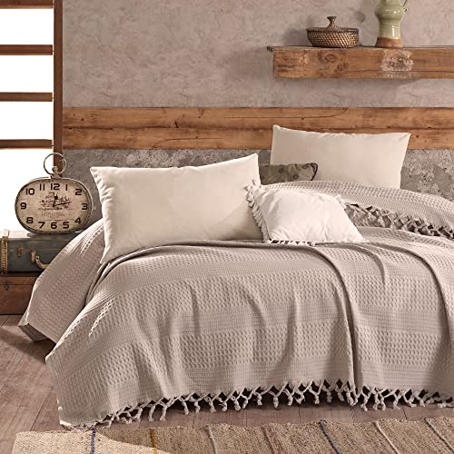 Milam London Jeté de lit king size 100 % coton gaufré, grand plaid pour canapé 2-3 places, canapé, lit 220 x 240 cm, beige