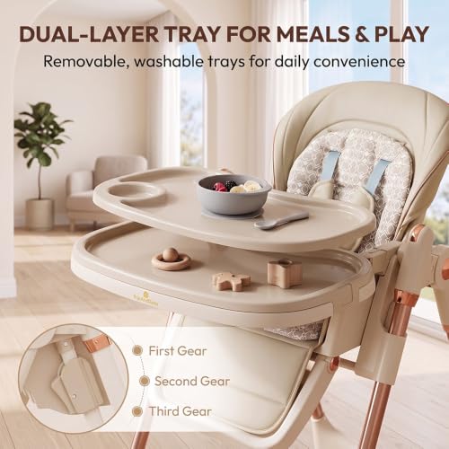 Image of StarAndDaisy 2-in-1 Swing Royal High Chair for Baby, 5-Level Height Adjustable Feeding Chair with 3-Position Recline, Dual-Layer Removable Tray, 5-Point Safety Harness, Adjustable Footrest & Lockable Wheels