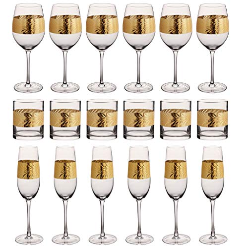 Juego de copas de vino con diseño de hojas doradas Art Deco de 18 piezas, copas de vino, flauta y vasos de cristal